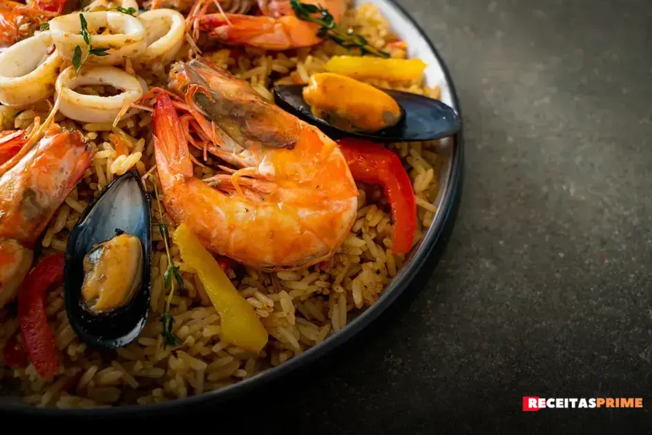 Delicie-se com uma paella cheia de frutos do mar frescos